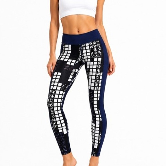 Under Armour Pants - Under Armour HeatGear Compression Leggings Medium Navy Blue Geometric Grid Print